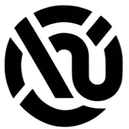 Black circular logo with a stylized design on a white background